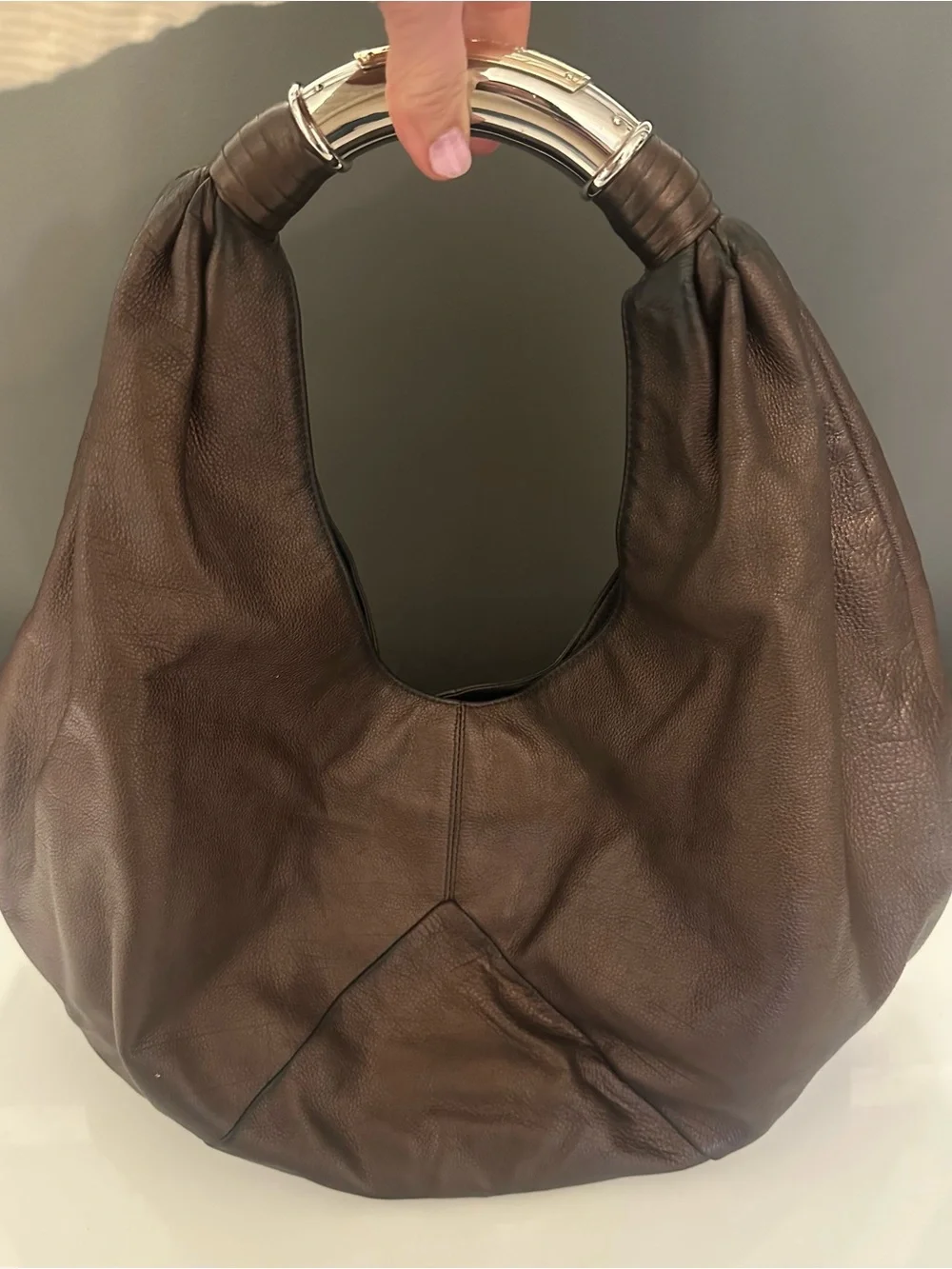 Bvlgari Chocolate Brown Leather Hobo Mombasa Silver Tone Handle Bag Bulgari Vtg